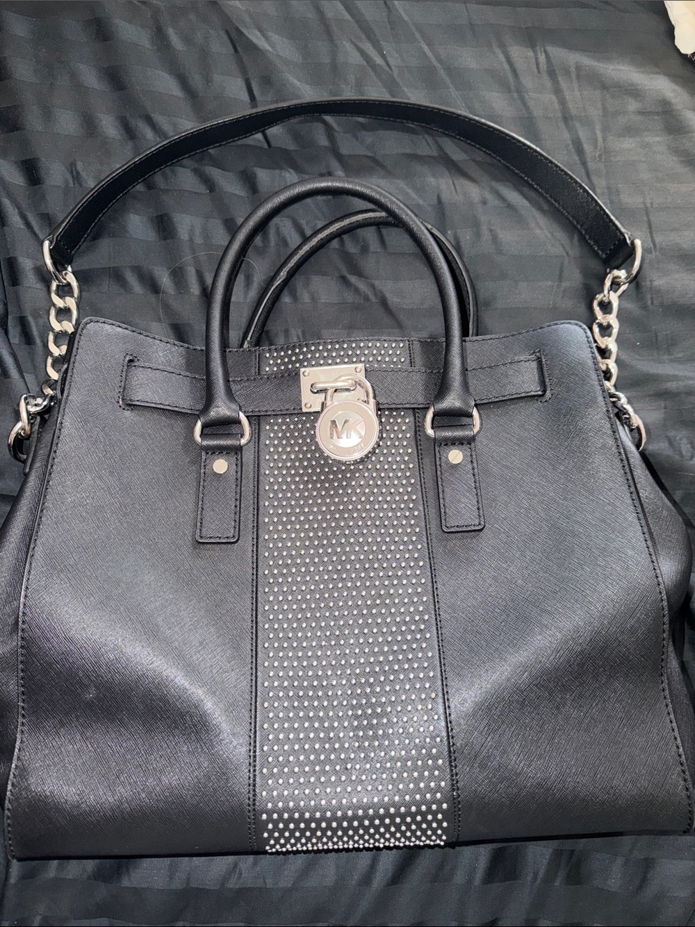 Michael Kors Black Studded Saffiano Satchel with Silver Hardware